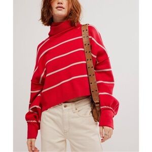 Free People | Red and Cream Striped Turtleneck Sweater | Size Large